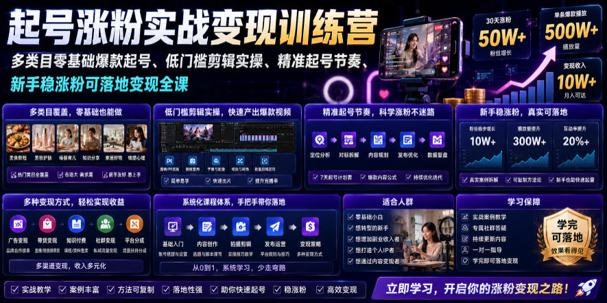 苗子起号涨粉实战变现训练营，多类目零基础爆款起号、精准起号节奏、新手稳涨粉可落地变现全课(更新0719)-知识星球