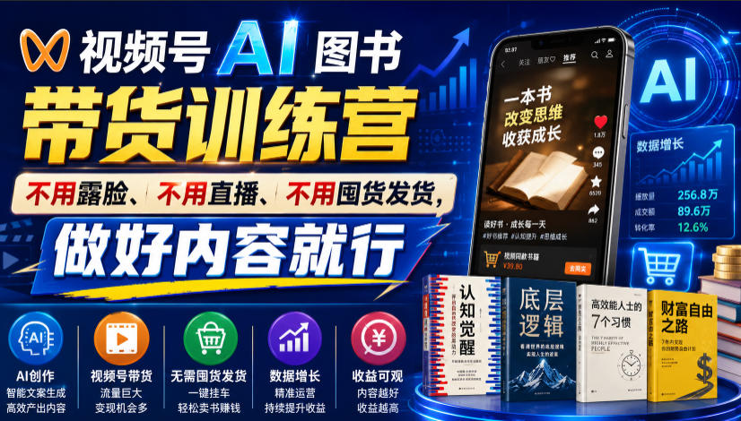 视频号AI图书带货训练营，不用露脸、不用直播、不用囤货发货，做好内容就行，一条爆款视频佣金8942-知识星球