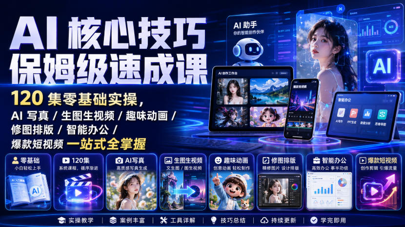 AI核心技巧保姆级速成课｜120集零基础实操，AI写真/生图生视频/趣味动画/修图排版/智能办公/爆款短视频一站式全掌握(更新)-知识星球