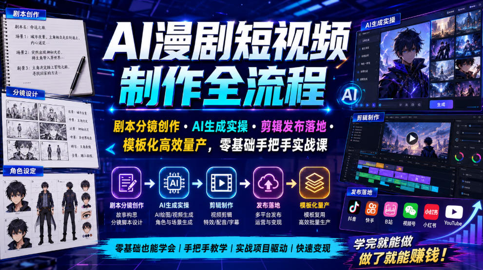 AI漫剧短视频制作全流程｜剧本分镜创作・AI生成实操・剪辑发布落地・模板化高效量产，零基础手把手实战课-知识星球