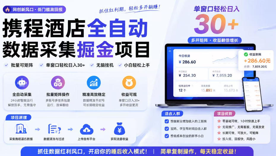 携程酒店全自动采集项目，全程自动浏览，可批量矩阵放大，单机日收300+【揭秘】-知识星球