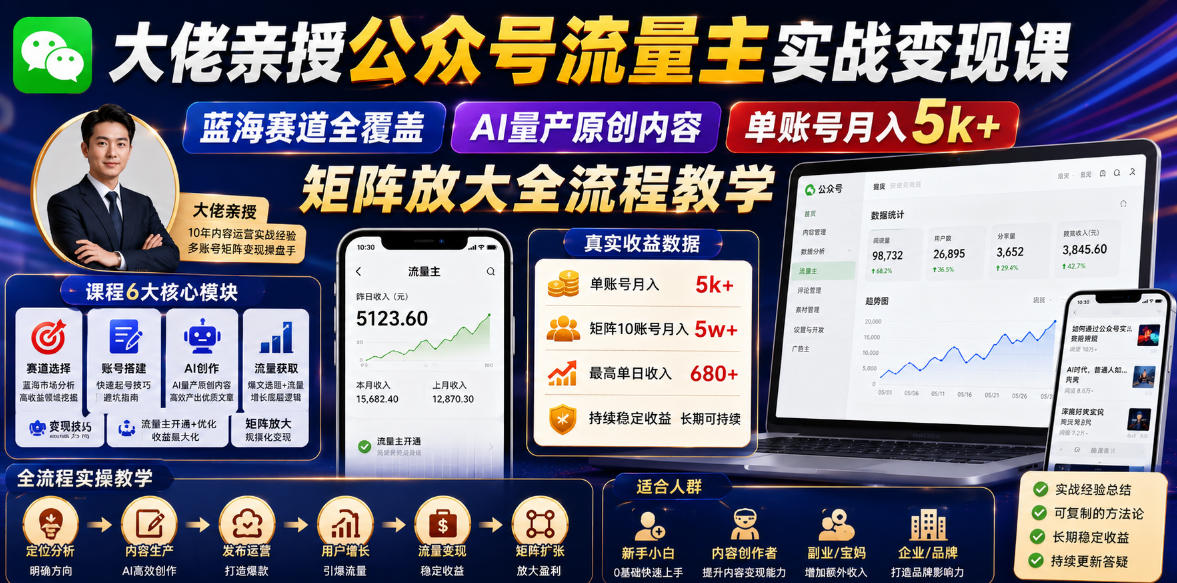 大佬亲授公众号流量主实战变现课，蓝海赛道全覆盖，AI量产原创内容，单账号月入5k+矩阵放大全流程教学-知识星球