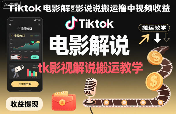 Tiktok电影解说搬运撸中视频收益,tk影视解说搬运教学-知识星球