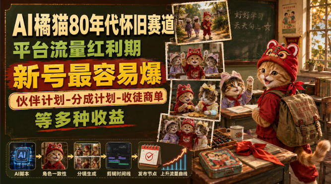 AI橘猫80年代怀旧赛道，平台流量红利期，新号最容易爆，伙伴计划-分成计划-收徒商单等多种收益-知识星球