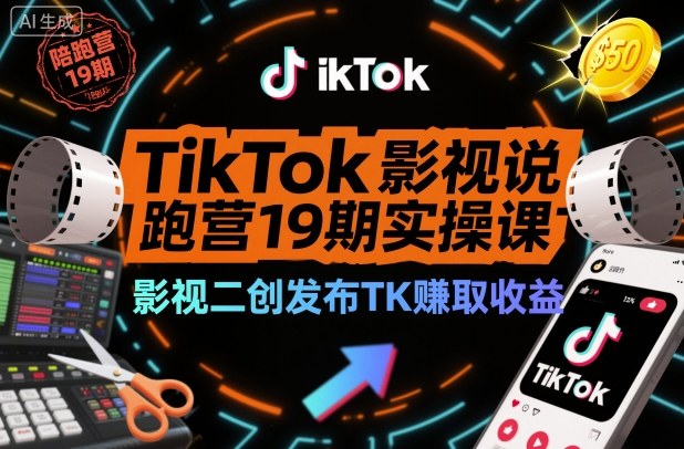 TikTok影视解说陪跑营19期实操课，影视二创发布TK賺取收益，万播收益50美金-知识星球