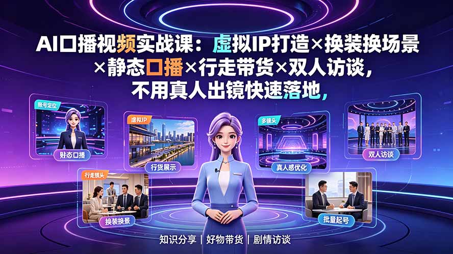 AI口播视频实战课：虚拟IP打造×换装换场景×静态口播×行走带货×双人访谈，不用真人出镜快速落地-知识星球