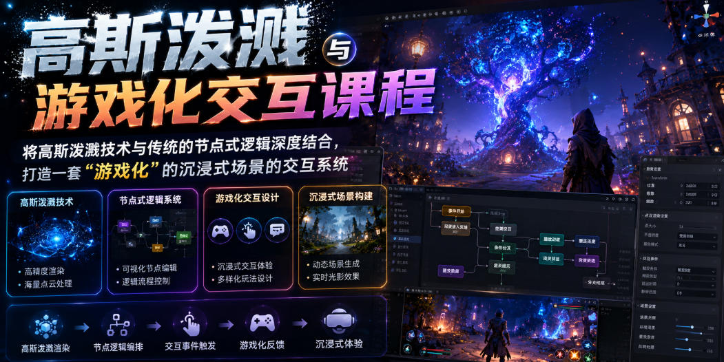 高斯泼溅与游戏化交互课程，将高斯泼溅技术与传统的节点式逻辑深度结合，打造一套“游戏化”的沉浸式场景的交互系统-知识星球