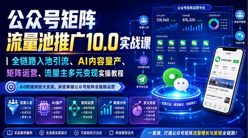 公众号矩阵流量池推广10.0实战课|全链路入池引流、AI内容量产、矩阵运营、流量主多元变现实操教程-知识星球