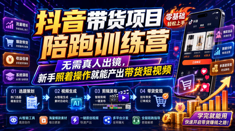抖音带货项目陪跑训练营,无需真人出镜,新手照着操作就能产出带货短视频(更新0811)-知识星球