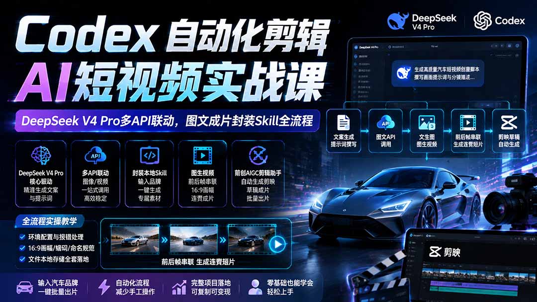 Codex自动化剪辑AI短视频实战课｜DeepSeek V4 Pro多API联动，图文成片封装Skill全流程-知识星球