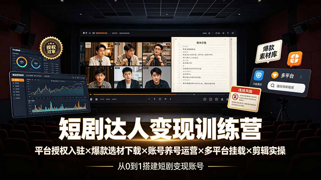 短剧达人变现训练营：平台授权入驻×爆款选材下载×账号养号运营×多平台挂载×剪辑实操×违规处理全流程-知识星球