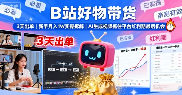 B站好物带货,3天出单,新手月入1W实操拆解,AI生成视频,抓住平台红利期最后机会-知识星球