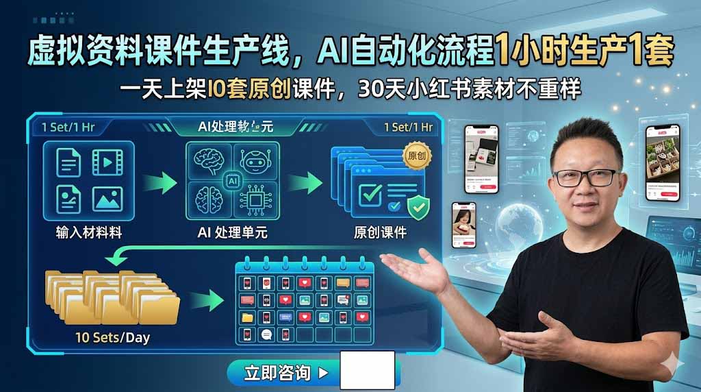 虚拟资料课件生产线，AI自动化流程1小时生产1套，一天上架10套原创课件，30天小红书素材不重样-知识星球
