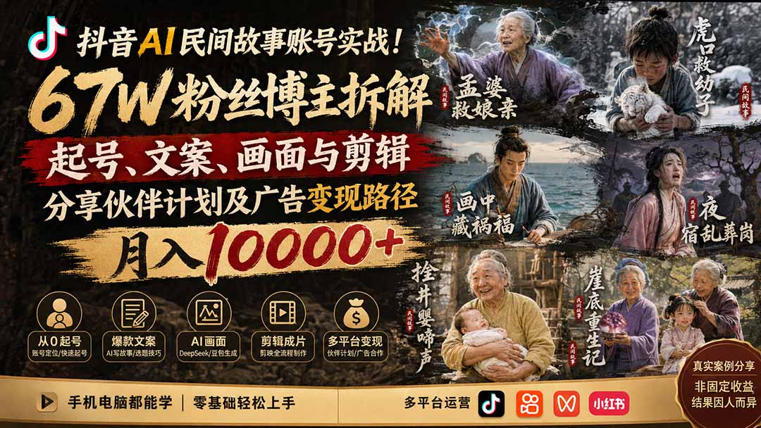 抖音AI民间故事账号实战！67W粉丝博主拆解起号、文案、画面与剪辑，分享伙伴计划及广告变现路径，月入10000+-知识星球