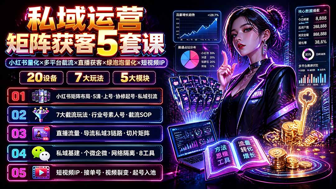 私域运营矩阵获客5套课：小红书量化×多平台截流×直播获客×绿泡泡量化×短视频IP×20设备×7大玩法-知识星球