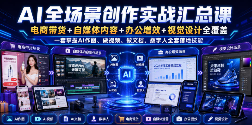 AI全场景创作实战汇总课｜电商带货+自媒体内容+办公增效+视觉设计全覆盖，一套掌握AI作图、做视频、做文档、数字人全套落地技能-知识星球