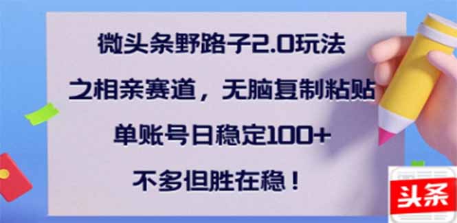 微头条野路子2.0玩法之相亲赛道，无脑搬砖复制粘贴，单账号日稳定300+…-小禾网创