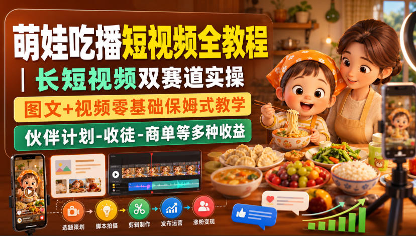 萌娃吃播短视频全教程｜长短视频双赛道实操，图文+视频零基础保姆式教学，伙伴计划-收徒-商单等多种变现方式-知识星球