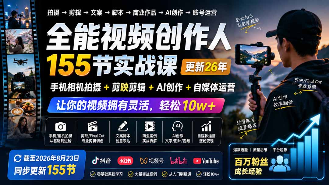 全能视频创作人155节实战课-更新26年8月：手机相机拍摄+剪映剪辑+AI创作+自媒体运营，让你的视频拥有灵活，轻松10w-知识星球