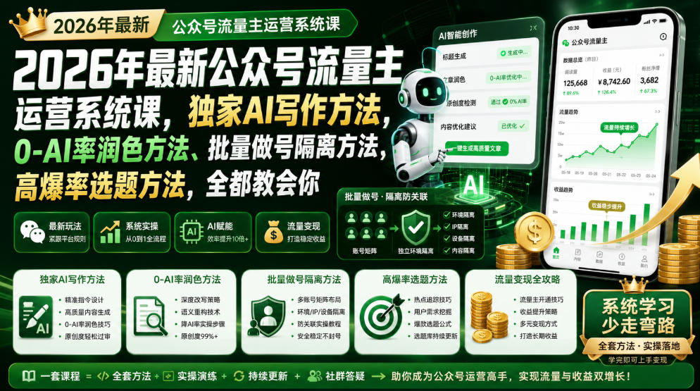 2026年最新公众号流量主运营系统课，独家AI写作方法，0-AI率润色方法、批量做号隔离方法、高爆率选题方法，全都教会你-知识星球