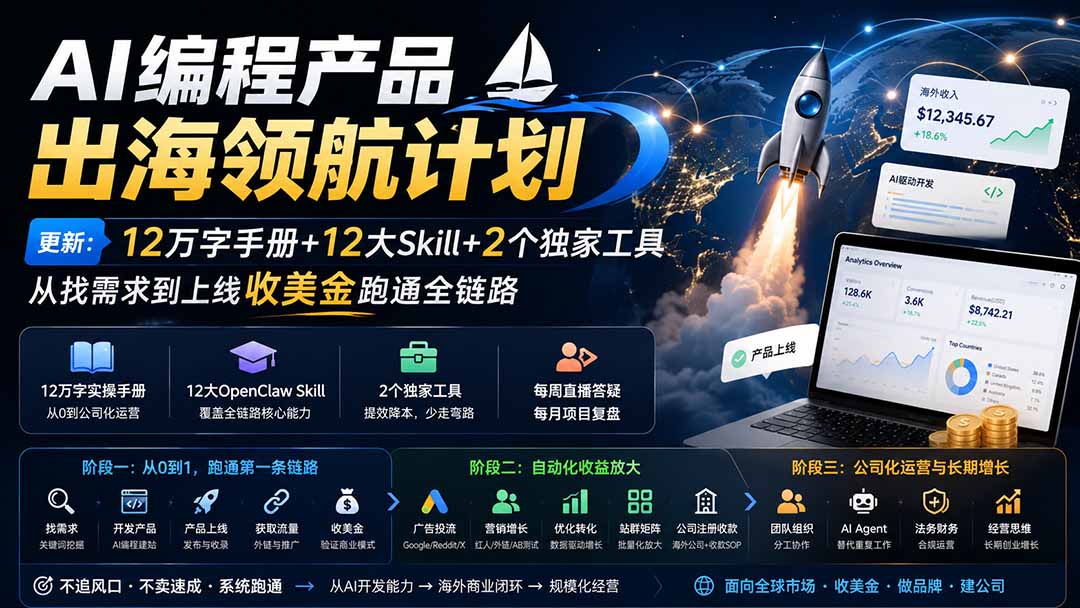 AI编程产品出海领航计划-更新：12万字手册+12大Skill+2个独家工具，从找需求到上线收美金跑通全链路-知识星球