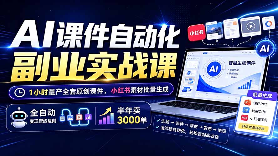AI课件自动化副业实战课：1小时量产全套原创课件×小红书素材批量生成×全自动变现管线×半年卖3000单-知识星球