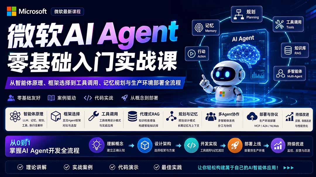 微软AI Agent零基础入门实战课：从智能体原理、框架选择到工具调用、记忆规划与生产环境部署全流程-知识星球
