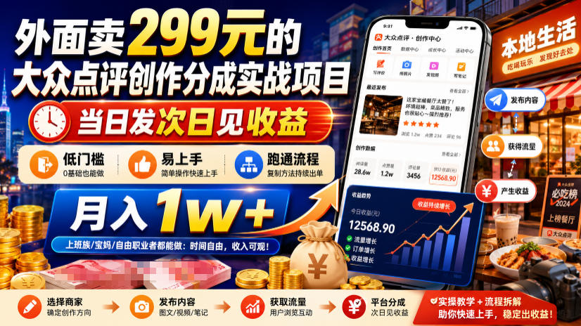 外面卖299元的大众点评创作分成实战项目，当日发次日见收益，低门槛易上手，跑通流程月入1w+-知识星球