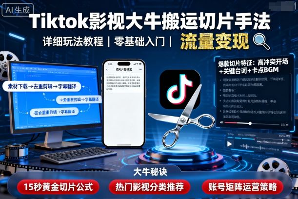 Tiktok影视大牛搬运切片手法，详细玩法教程-知识星球
