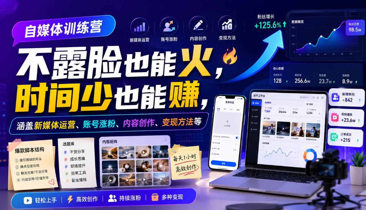 自媒体训练营，不露脸也能火，时间少也能賺，涵盖新媒体运营、账号涨粉、内容创作、变现方法等-知识星球