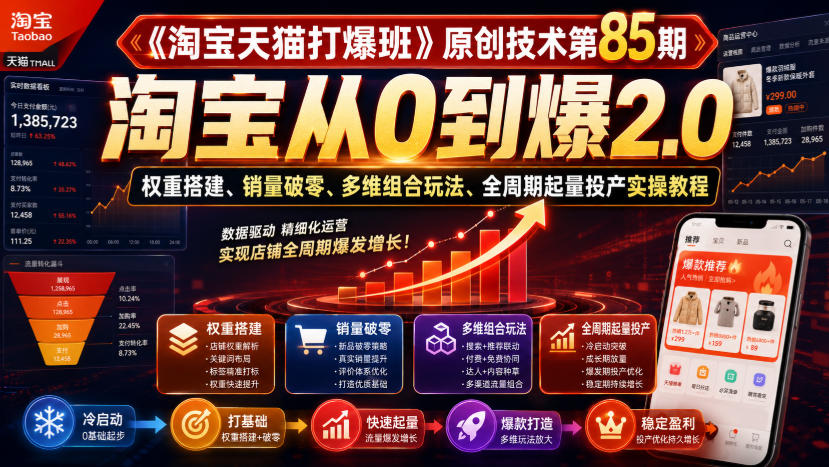《淘宝天猫打爆班》原创技术第85期,淘宝从0到爆2.0,权重搭建、销量破零、多维组合玩法、全周期起量投产实操教程