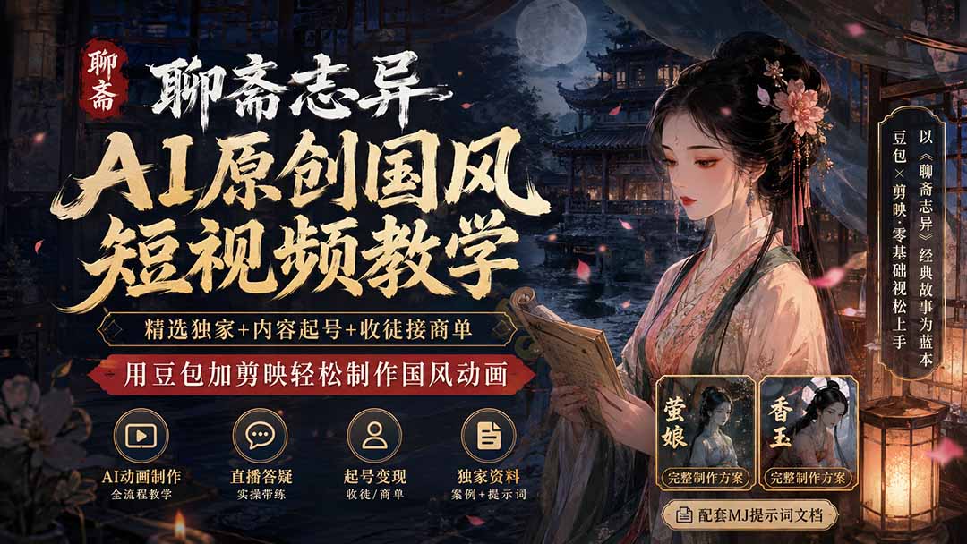 聊斋志异AI原创国风短视频教学；精选独家+内容起号+收徒接商单，用豆包加剪映轻松制作国风动画-知识星球