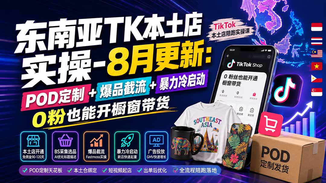 东南亚TK本土店实操-8月更新：POD定制+爆品截流+暴力冷启动，0粉也能开橱窗带货-知识星球