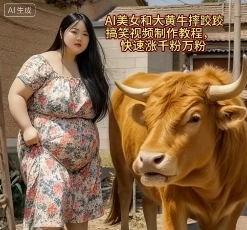 AI美女和大黄牛摔跤搞笑荒诞视频制作教程，快速涨千粉万粉-知识星球