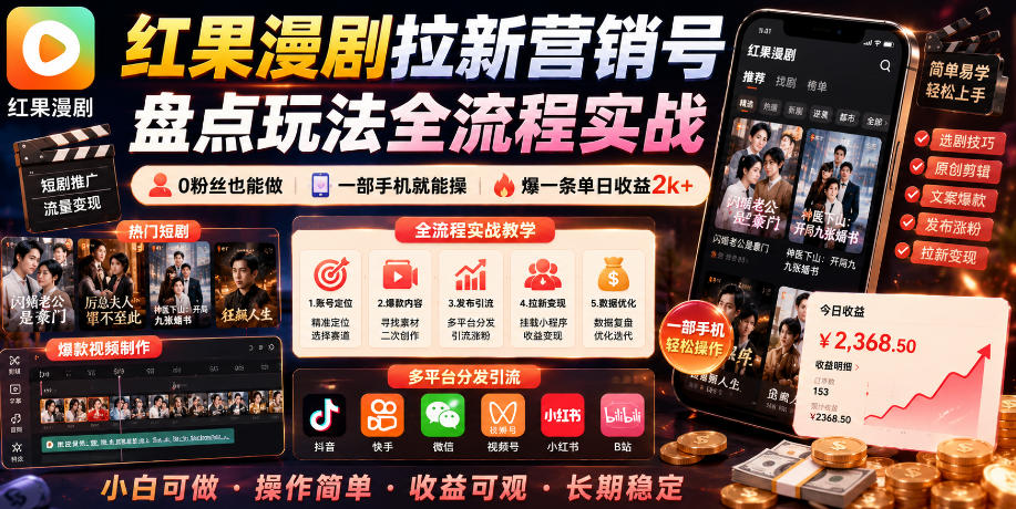 红果漫剧拉新营销号盘点玩法全流程实战，0粉丝也能做，一部手机就能做，爆一条单日收益2k+(更新0628)-知识星球