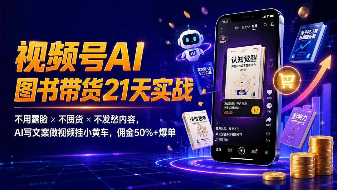 繁花视频号AI图书带货21天实战：不用露脸×不囤货×不发愁内容，AI写文案做视频挂小黄车，佣金50%+爆单-知识星球