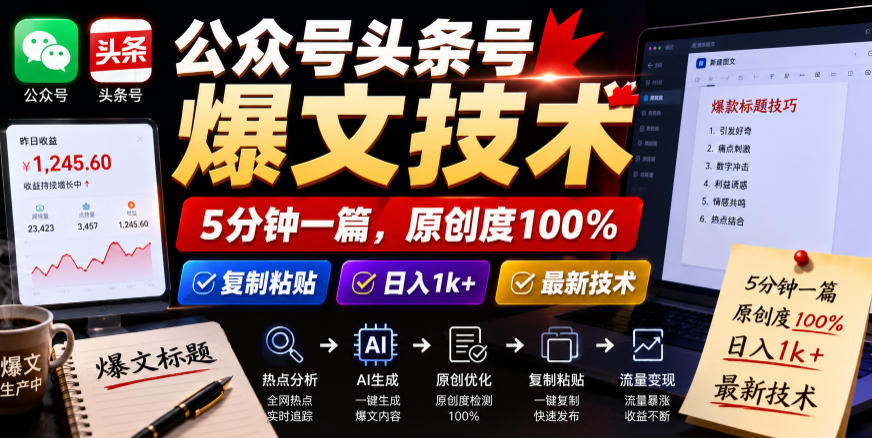 公众号头条号爆文技术，5分钟一篇，原创度100%，复制粘贴，日入1k+，最新技术【揭秘】-知识星球