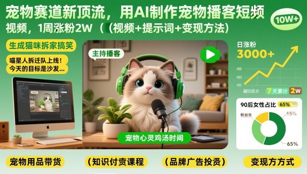 宠物赛道新顶流，用AI制作宠物播客短视频，1周涨粉2W(视频+提示词+变现方法)-知识星球