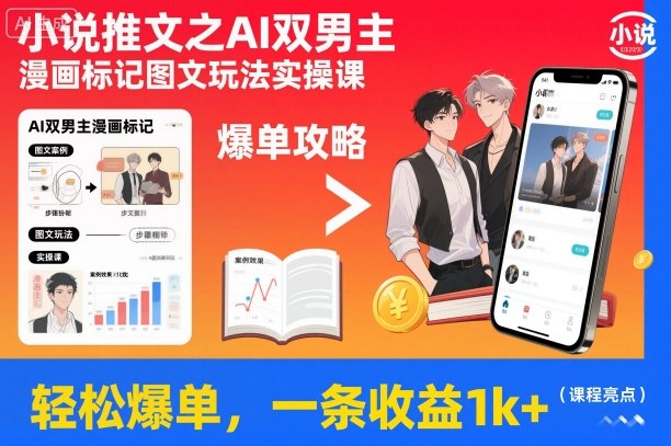 小说推文之AI双男主漫画标记图文玩法实操课，轻松爆单，一条收益1k+-知识星球