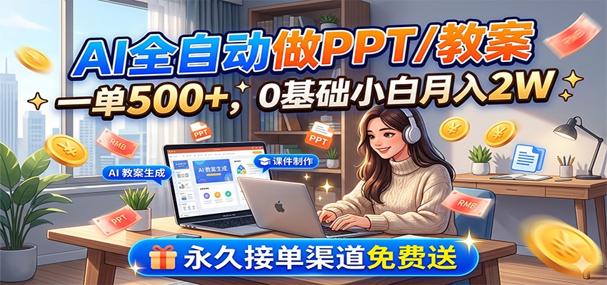AI全自动做PPT/教案，一单500+，0基础小白月入2W，永久接单渠道免费送-知识星球