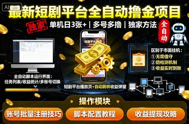 最新短剧平台全自动挂G撸金项目，单机一天3张+，多号多撸，区别于市面所有挂机项目，独家方法【揭秘】-知识星球