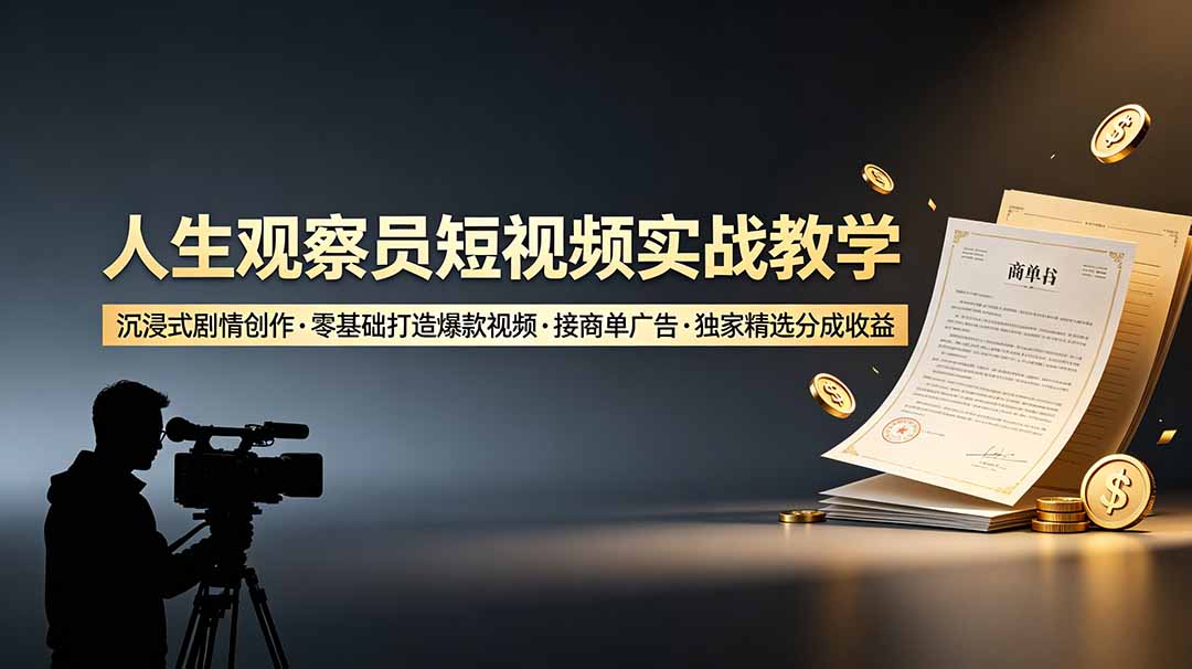 人生观察员短视频实战教学，沉浸式剧情创作，零基础打造爆款视频，接商单广告，独家精选分成收益-知识星球