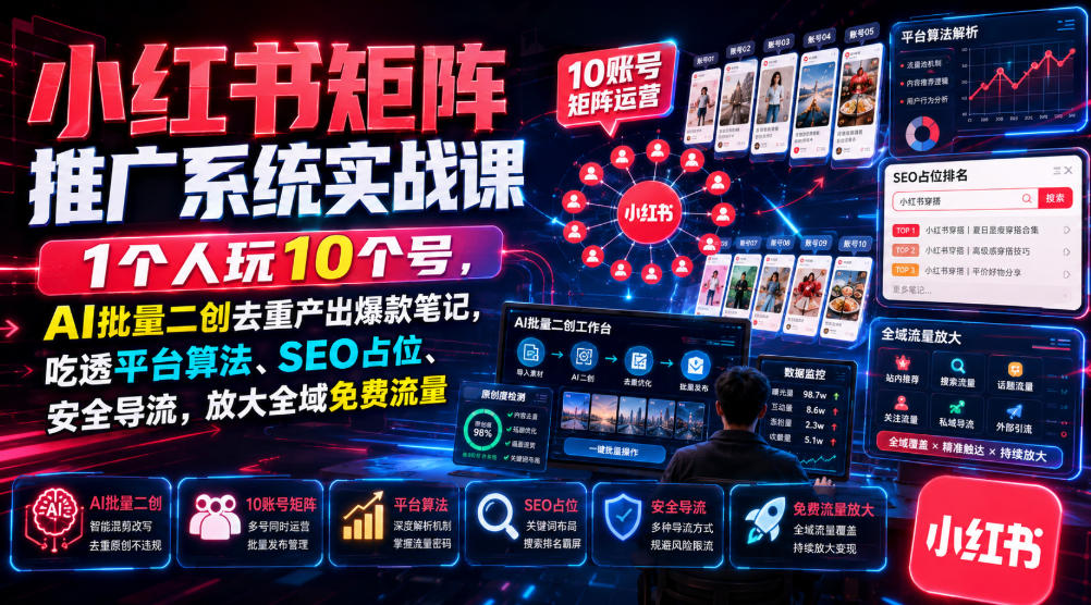 小红书矩阵推广系统实战课｜1个人玩10个号，AI批量二创去重产出爆款笔记，吃透平台算法、SEO占位、安全导流，放大全域免费流量-知识星球