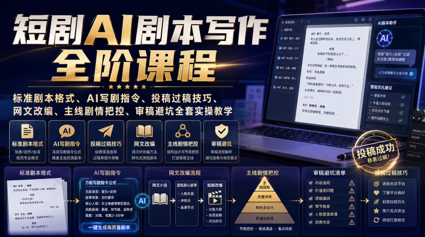 短剧AI剧本写作全阶课程｜标准剧本格式、AI写剧指令、投稿过稿技巧、网文改编、主线剧情把控、审稿避坑全套实操教学-知识星球
