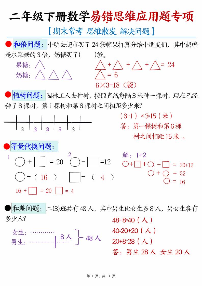 二下数学易错思维应用题专项（28道母题）练习+答案版14页-知识星球