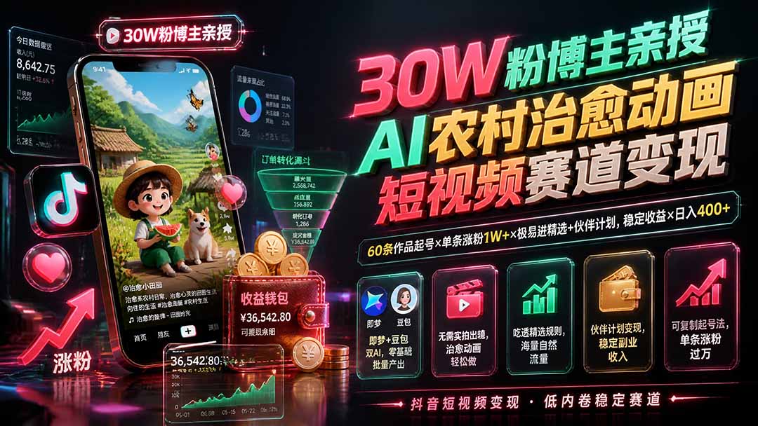 30W粉博主亲授AI农村治愈动画短视频赛道变现：60条作品起号×单条涨粉1W+×极易进精选+伙伴计划，稳定收益×日入400+-知识星球