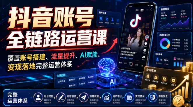 抖音账号全链路运营课，覆盖账号搭建、流量提升、AI赋能、变现落地完整运营体系-知识星球