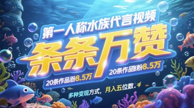 第一人称水族代言视频，条条万赞，20条作品涨粉7.8W，多种变现方式月入五位数-知识星球